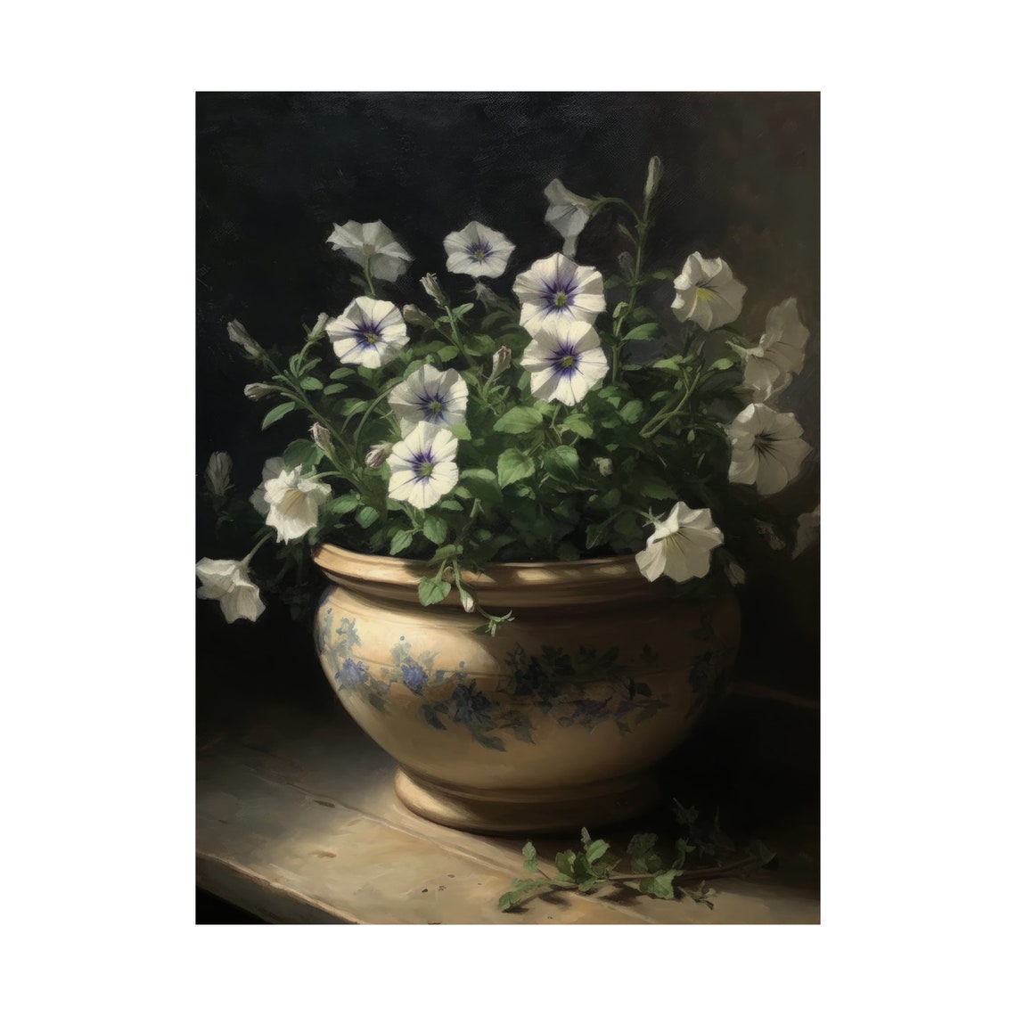White Violet Center Petunias Decorative Pot Dark Moody Floral Poster - Image 4