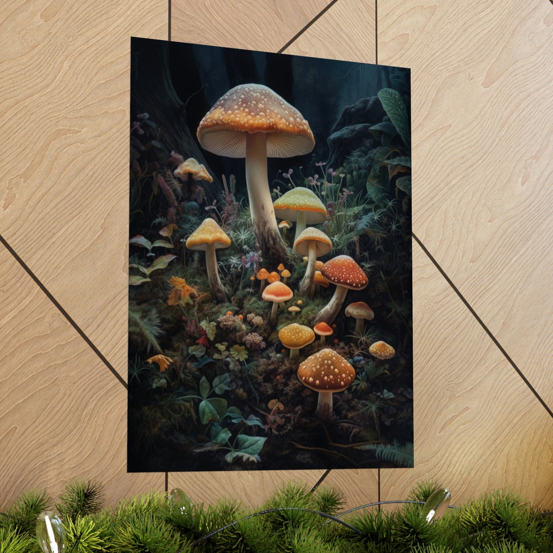 Towering Pale Mushroom With Glowing Rim Among Red Fly Agaric Poster - Image 2