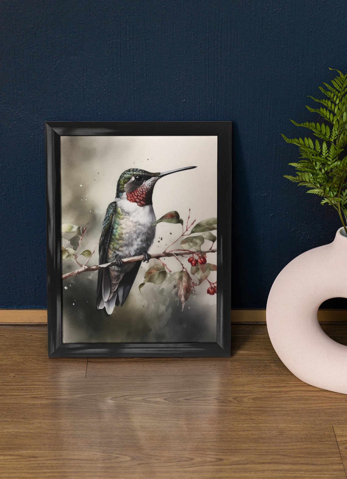 Ruby Throated Hummingbird Perched On Berry Branch Watercolor Poster