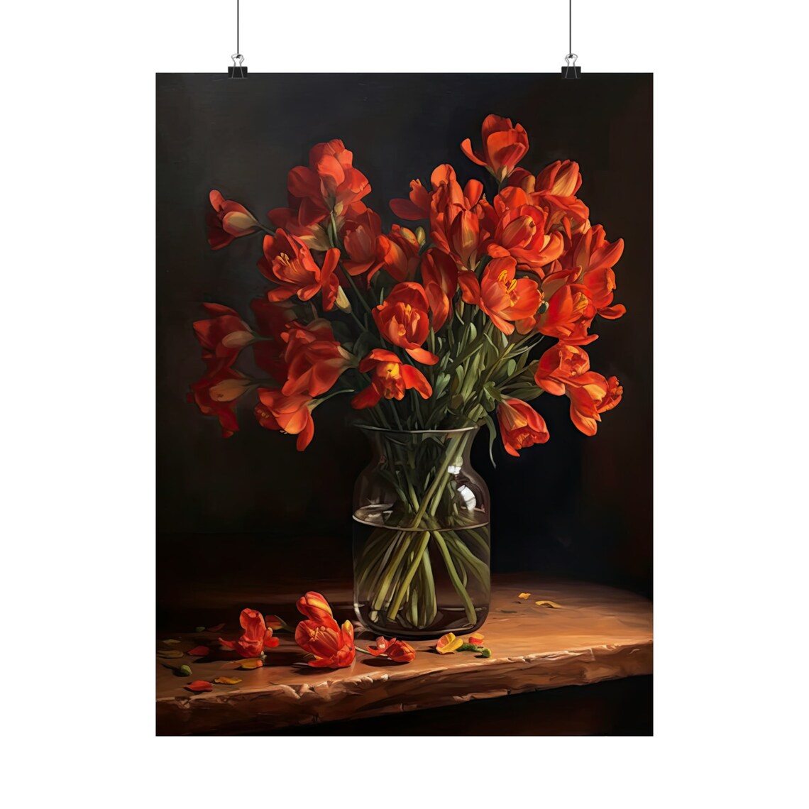 Red Freesia Still Life Flower Bouquet Glass Vase Dark Botanical Print - Image 5