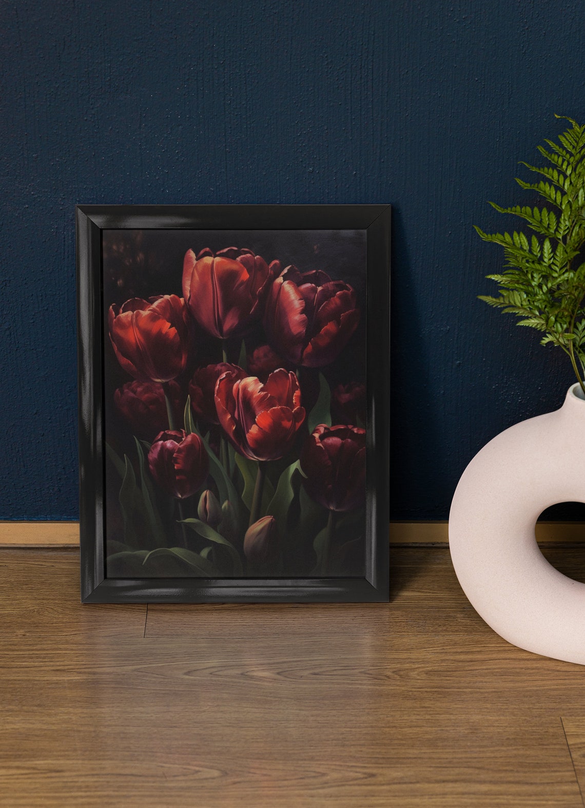 Deep Maroon Tulip Blooms Moody Dark Floral Botanical Art Print