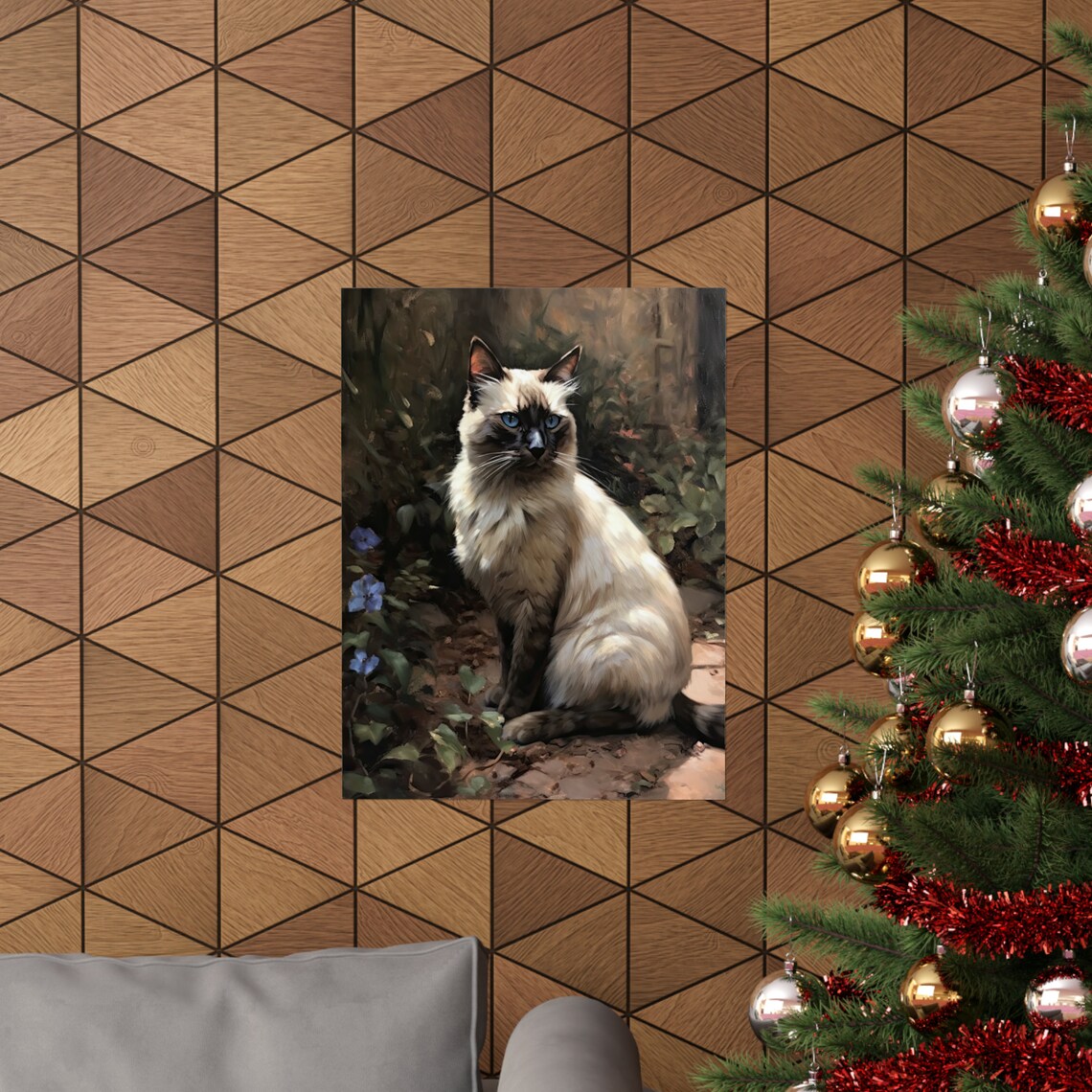 Balinese Cat Colorpoint Blue Eyes Sitting In Garden With Flowers Print - Image 3