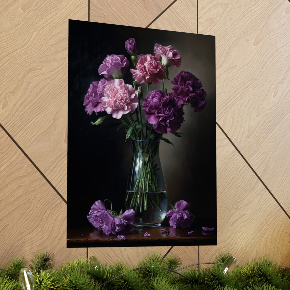 Purple Pink Carnation Mix Tall Glass Vase Rich Dark Floral Poster - Image 2