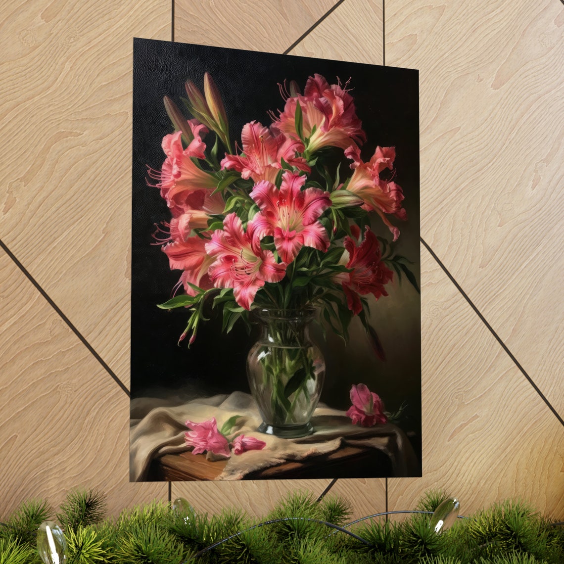 Coral Pink Peruvian Lily Bouquet Moody Dark Still Life Poster - Image 2