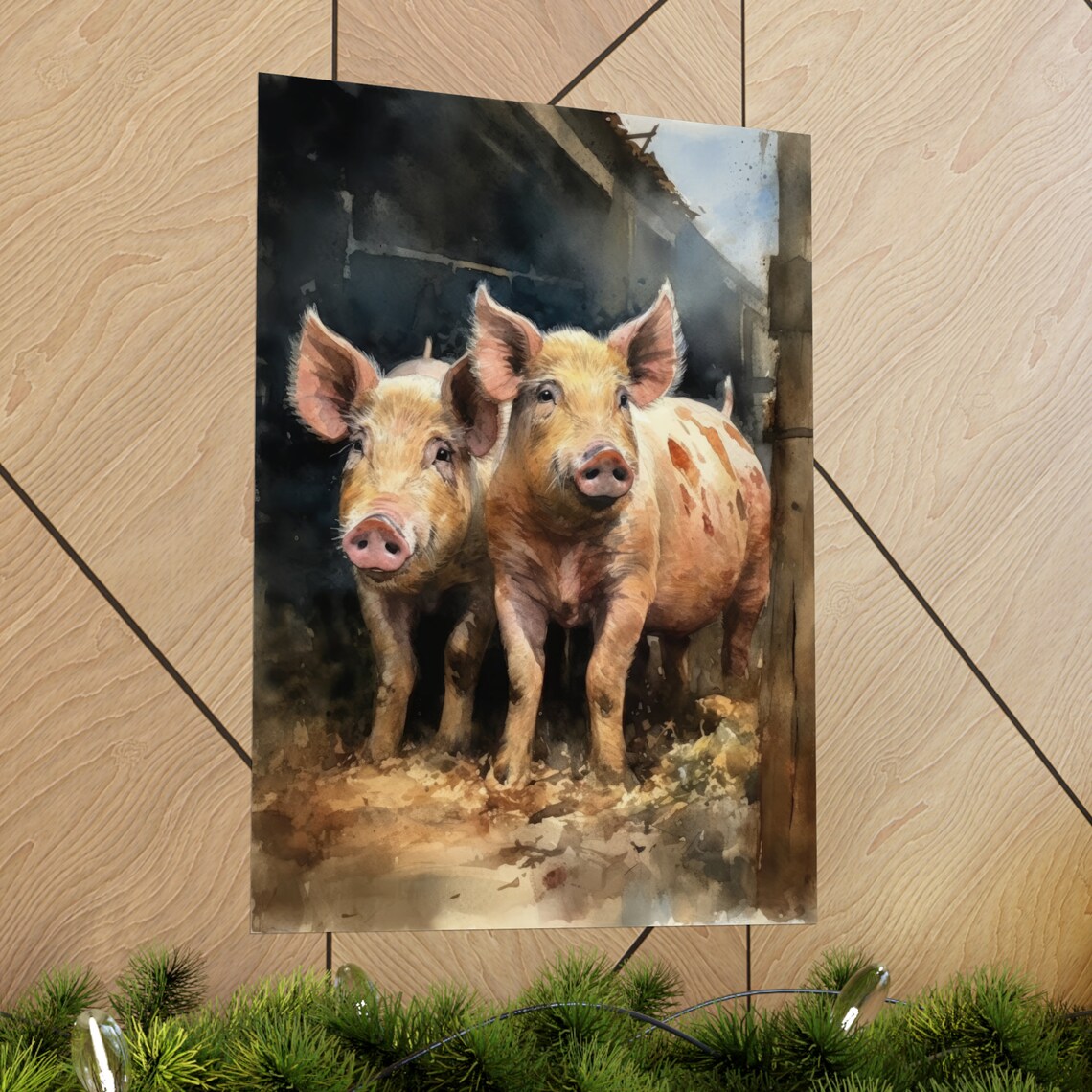 Two Spotted Pigs Barn Door Watercolor Farm Animal Art Poster - Image 2