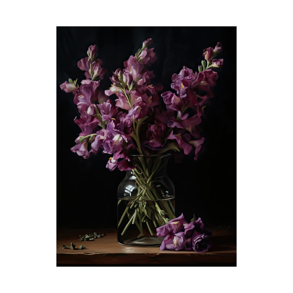 Purple Snapdragon Flowers Glass Vase Dark Dramatic Floral Art Print - Image 4