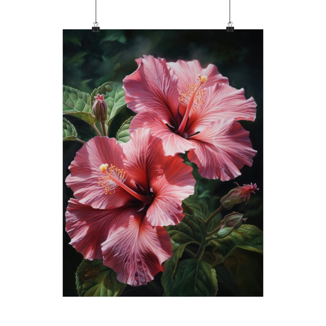 Pink Hibiscus Blooms Dark Background Tropical Floral Fine Art Poster - Image 5