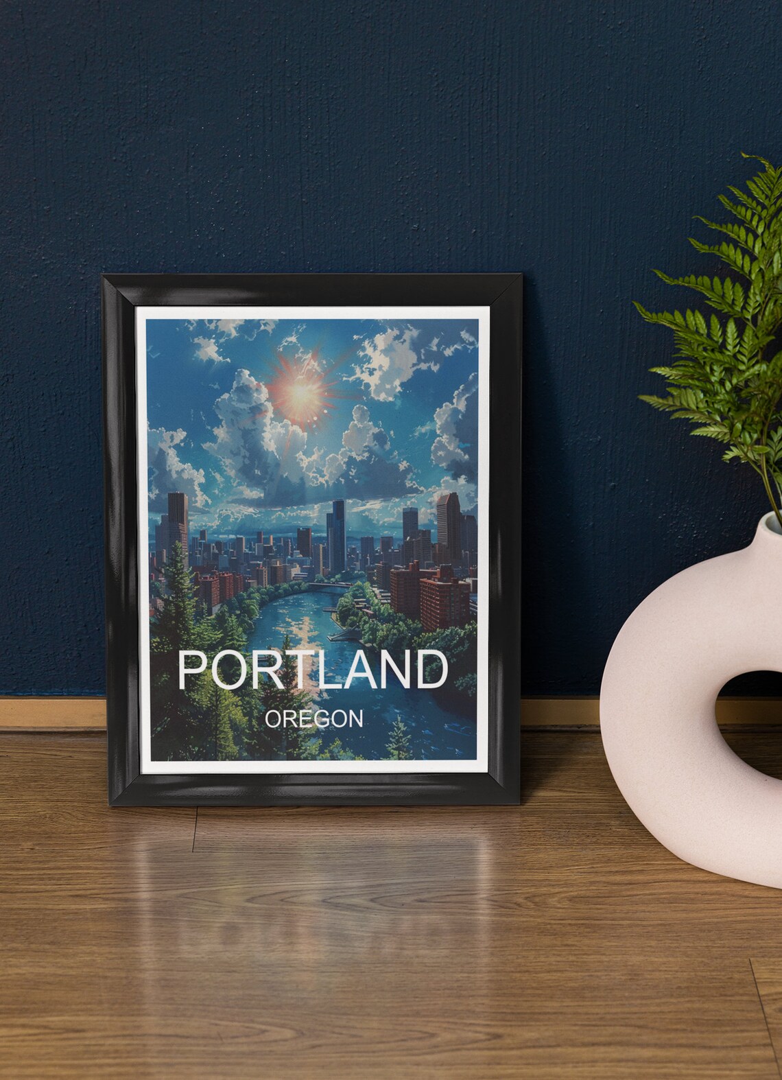 Portland Oregon Downtown Skyline River Sunshine Travel Poster