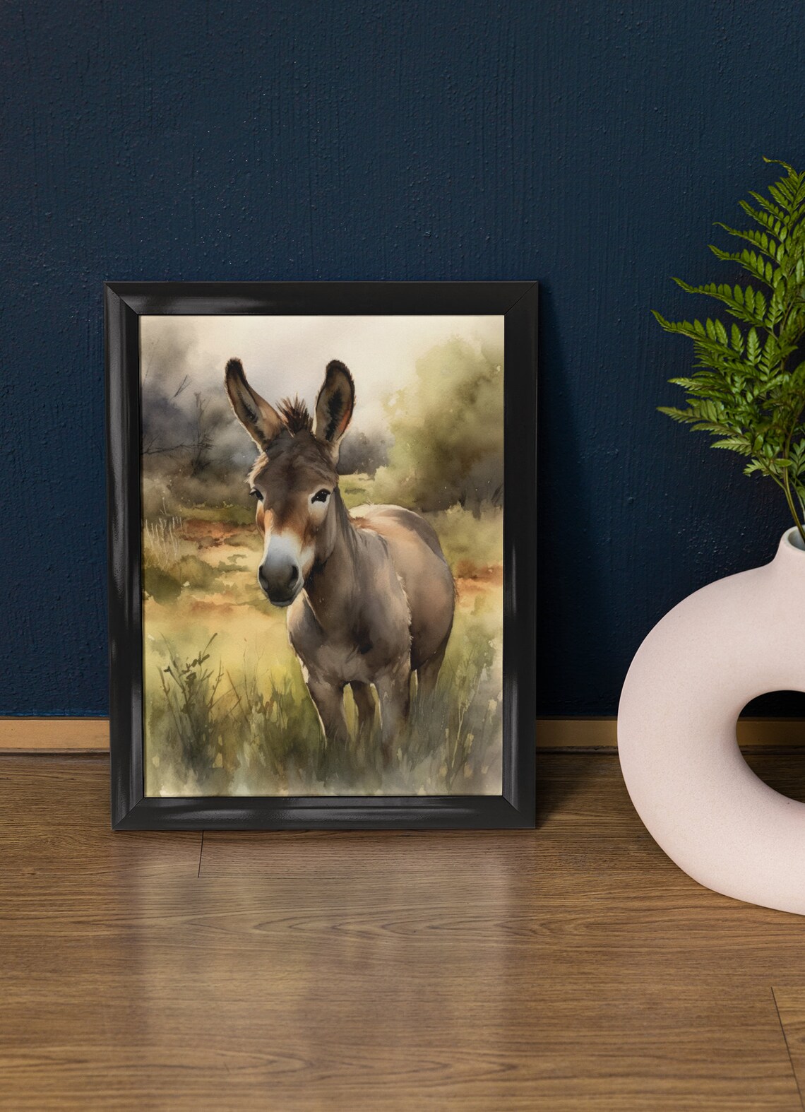 Donkey Portrait Golden Field Watercolor Farm Animal Cute Art Print