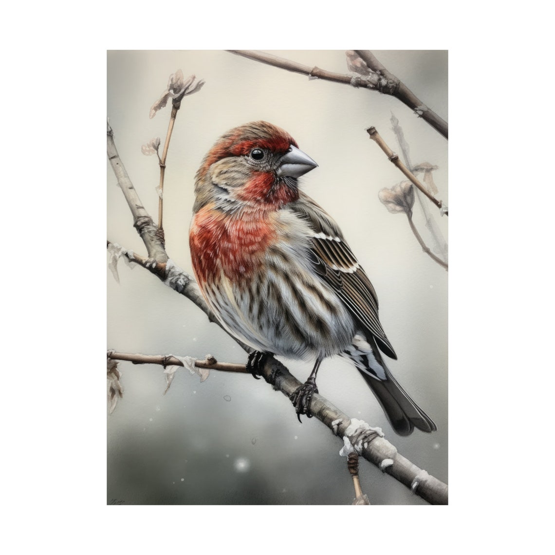 House Finch Perched On Snowy Winter Branch Watercolor Bird Print - Image 4