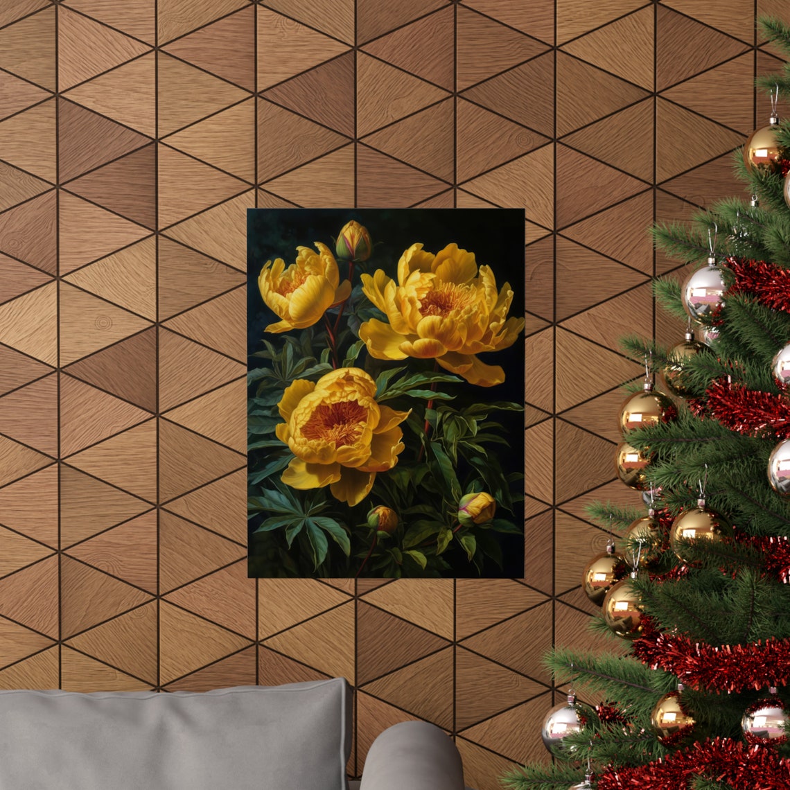 Yellow Peony Flower Golden Blooms Dark Background Botanical Art Poster - Image 3