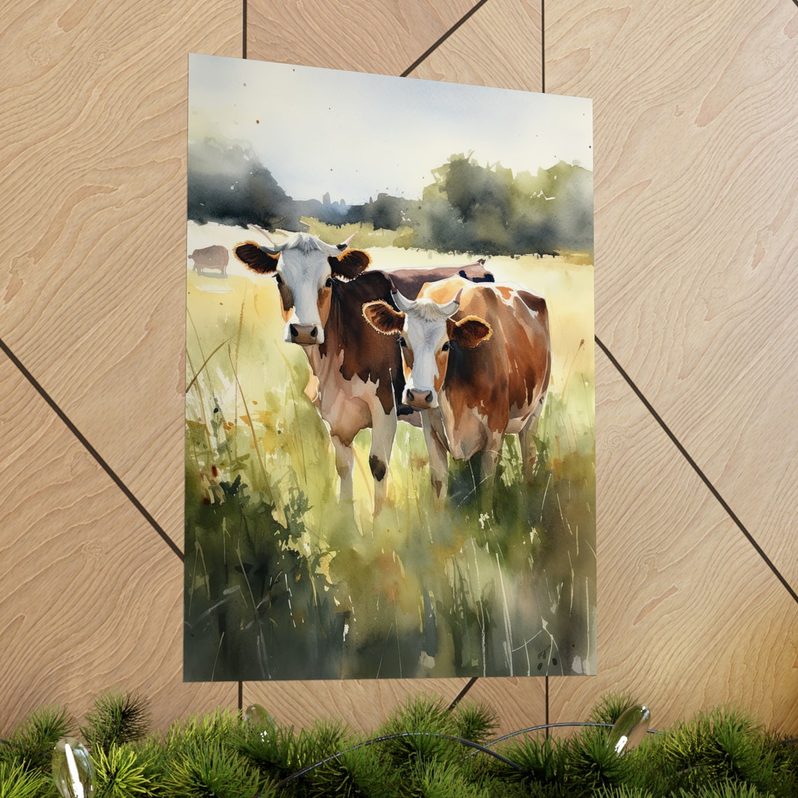 Two Cows Sunny Pasture Watercolor Rustic Farm Animal Wall Art Print - Image 2