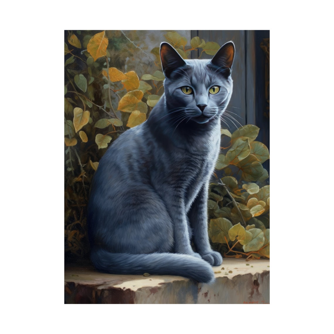 Russian Blue Cat Green Eyes Leafy Garden Portrait Art Poster - Image 4