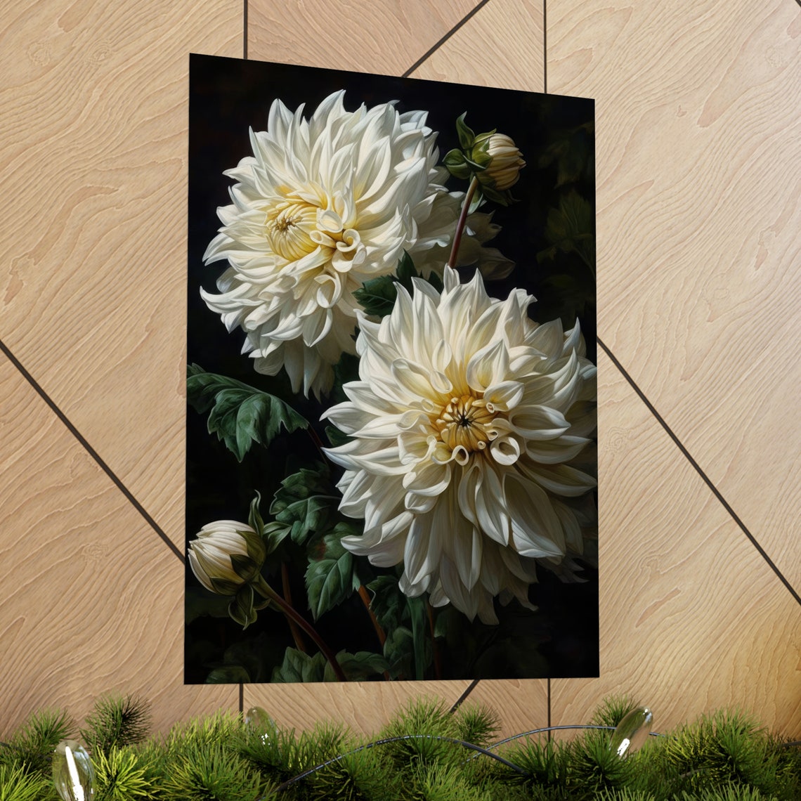 White Dahlia Blossoms Elegant Dark Floral Botanical Wall Art Print - Image 2