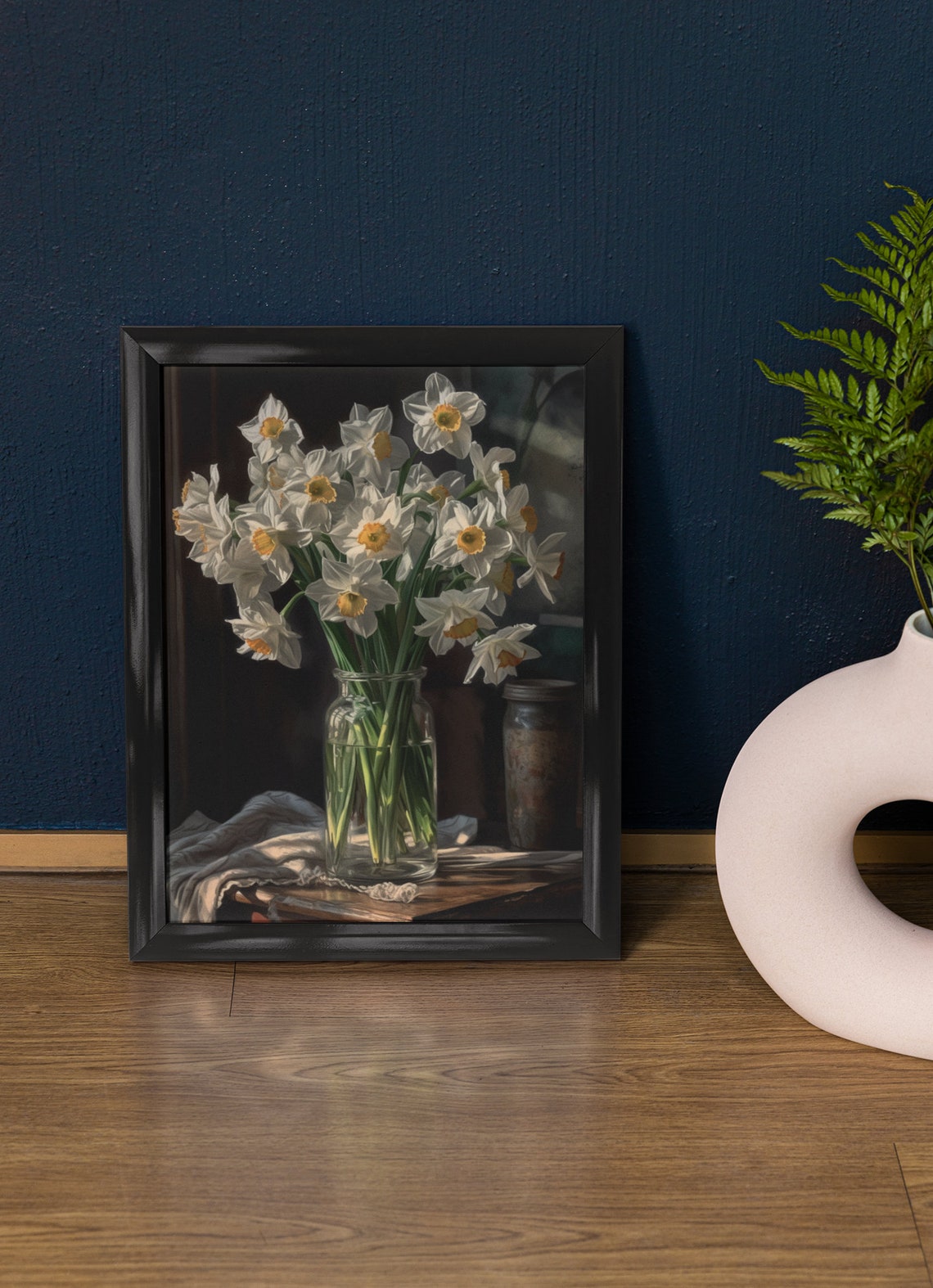 White Daffodil Stems Sunny Yellow Centers Mason Jar Still Life Poster