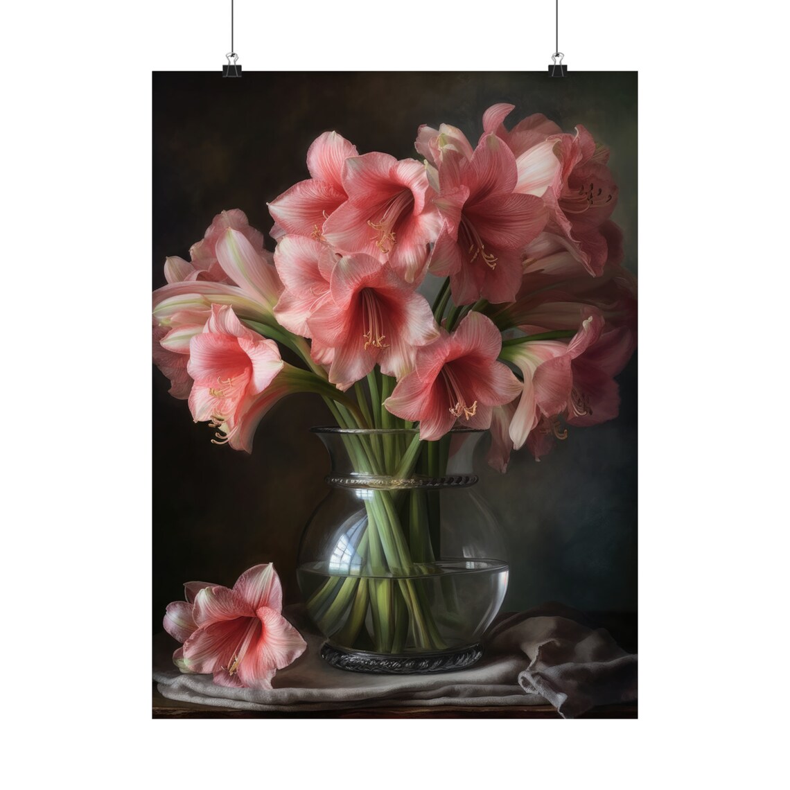 Pink Amaryllis Bouquet Dark Still Life Glass Vase Flower Art Print - Image 5