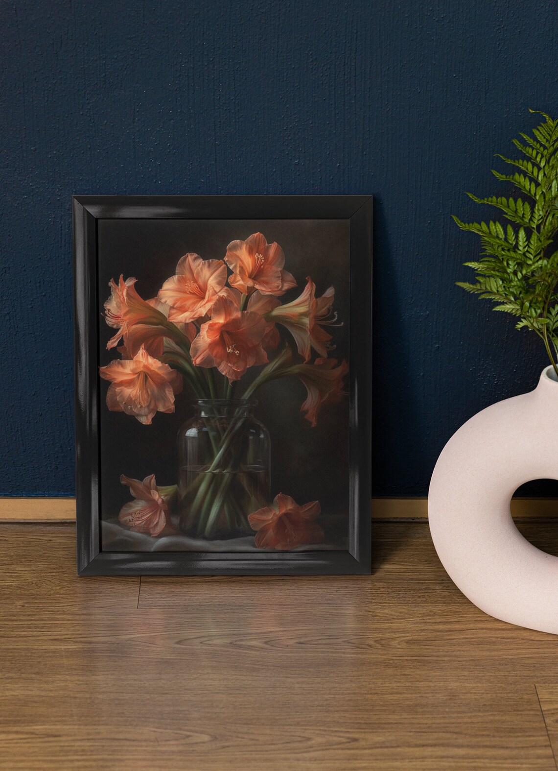 Apricot Amaryllis Blooms Glass Vase Dark Floral Still Life Art Print