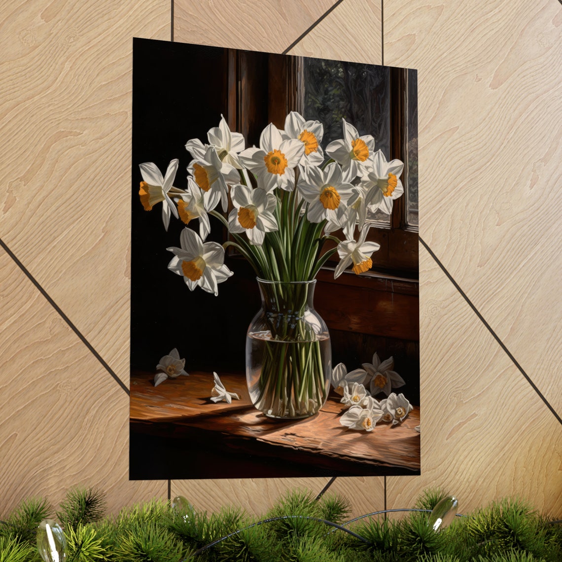 White Daffodil Bouquet Golden Centers Glass Vase Still Life Art Poster - Image 2