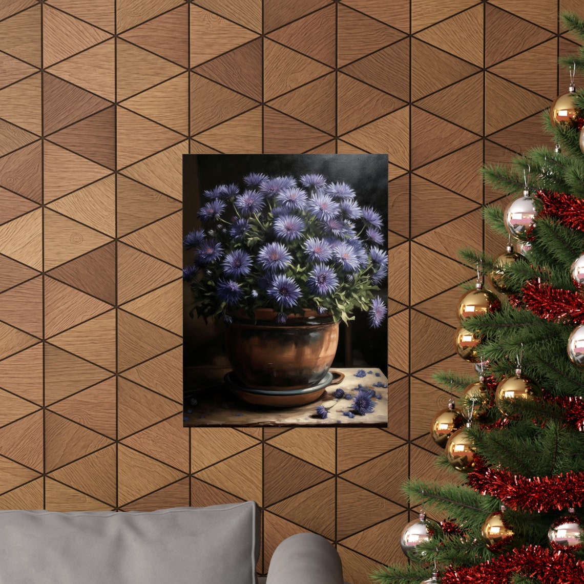 Blue Aster Blooms Bronze Pot Dark Moody Floral Still Life Poster - Image 3