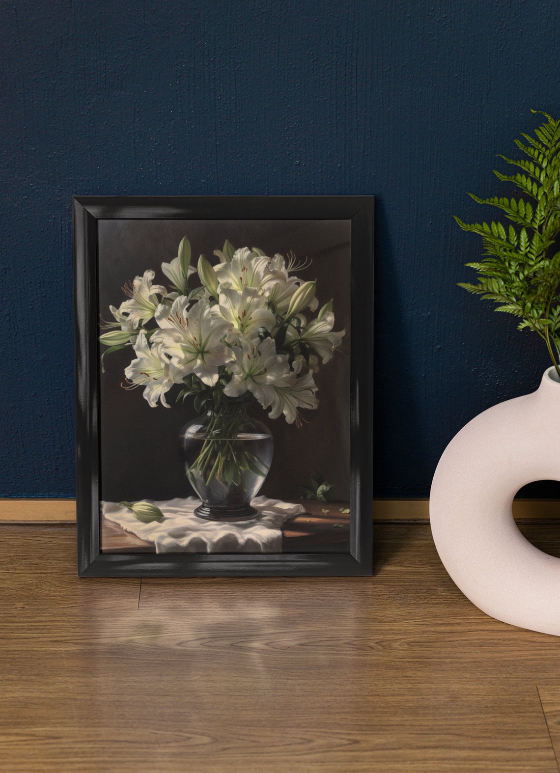 White Peruvian Lily Flowers Still Life Vase Linen Cloth Art Print