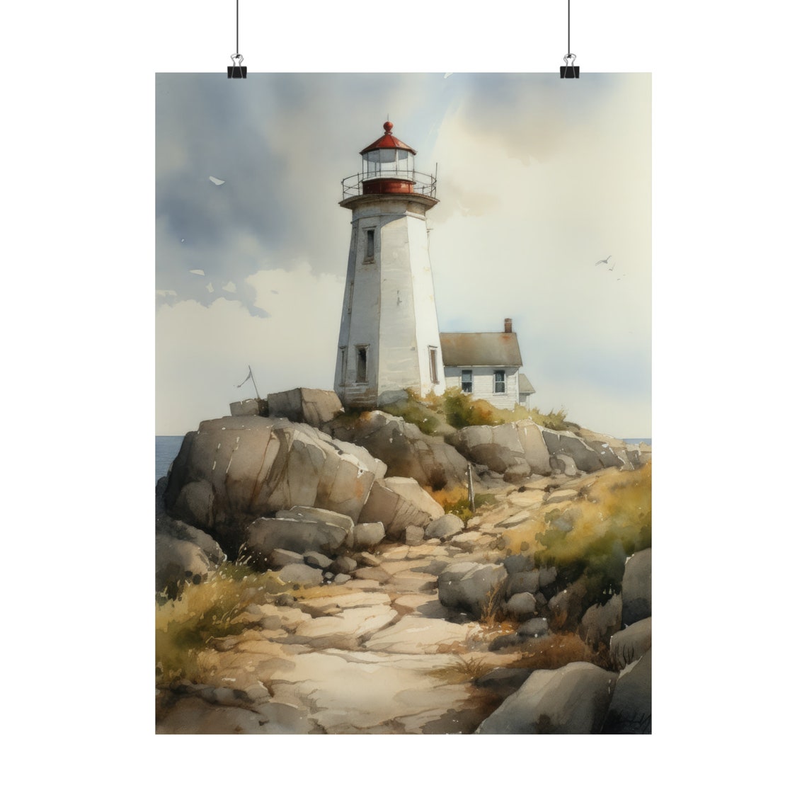 White Lighthouse Keepers House Stone Path Daylight Watercolor Poster - Image 5