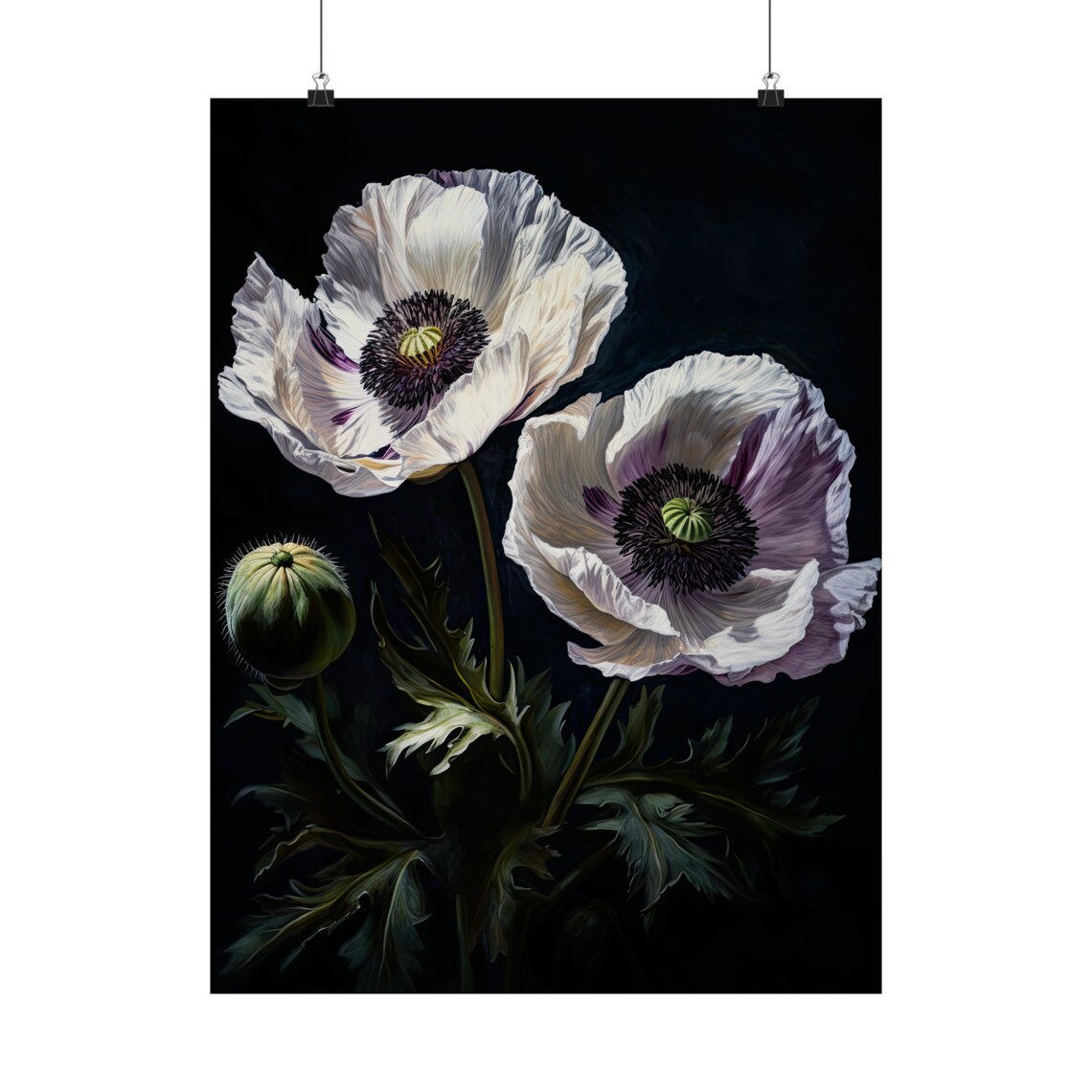 Oriental Poppy Flowers White Dark Center Moody Botanical Art Print - Image 5