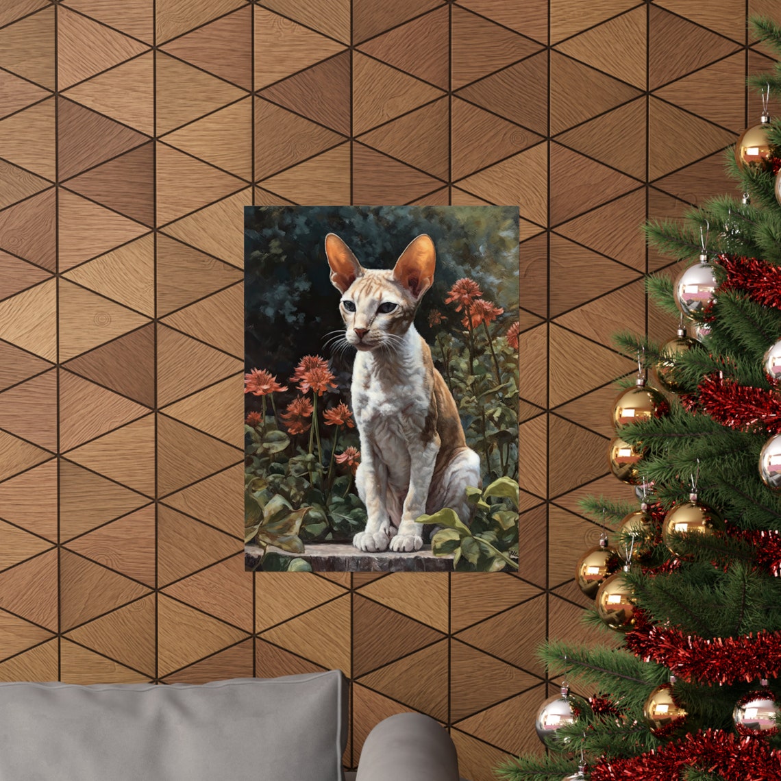 Cornish Rex Cat Big Ears Garden Portrait Red Flowers Art Poster - Image 3