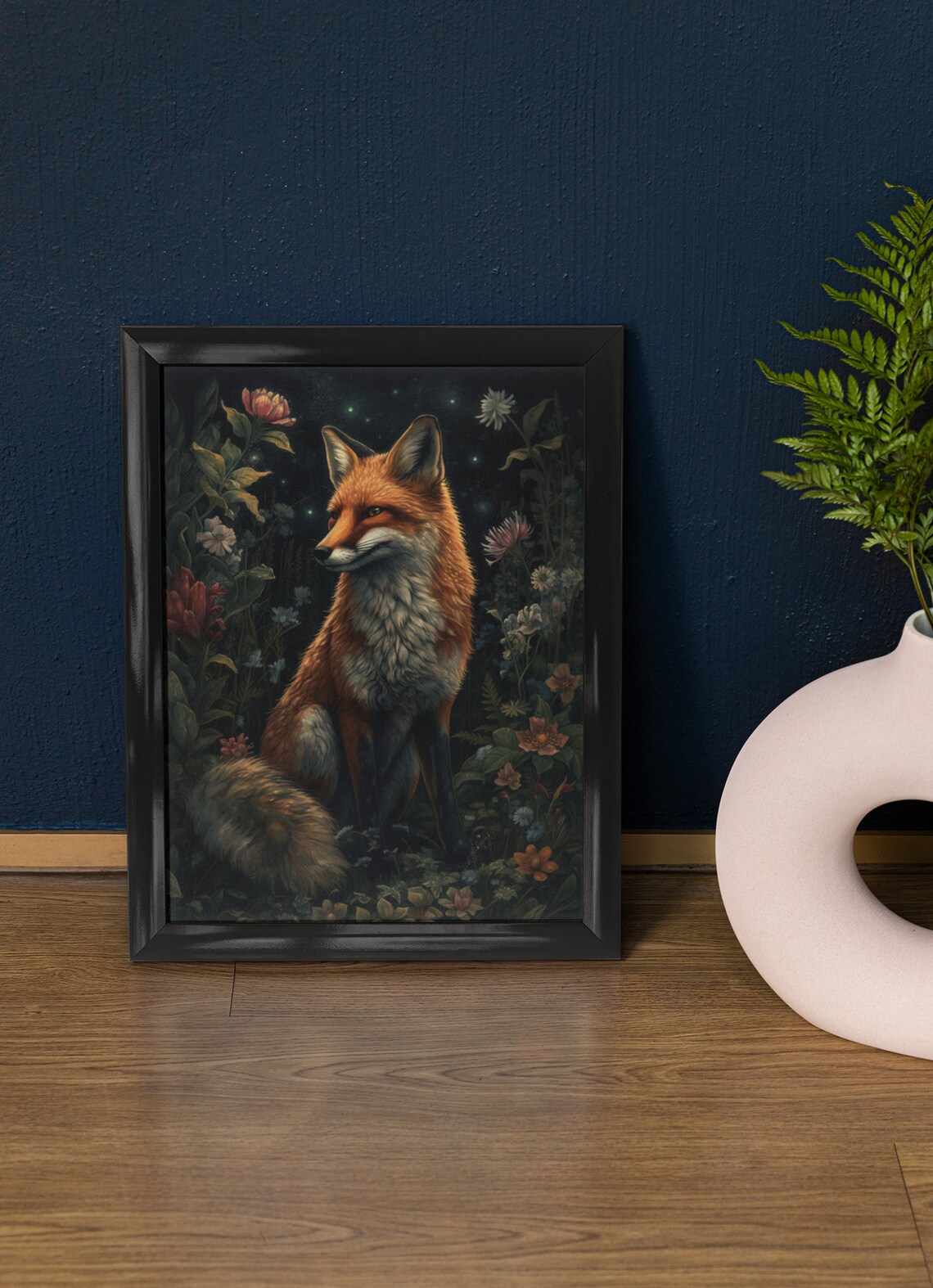Red Fox Sitting In Profile Among Night Wildflowers With Fireflies Poster