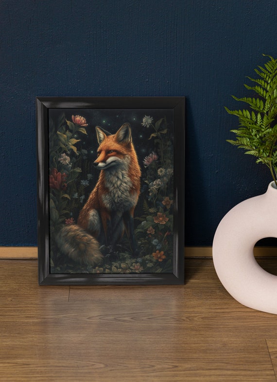 Red Fox Art Print Goth Wall Art Dark Academia Print Dark Gothic Cottagecore Art Witch Room Dcor Moody Floral Floral Art Poster