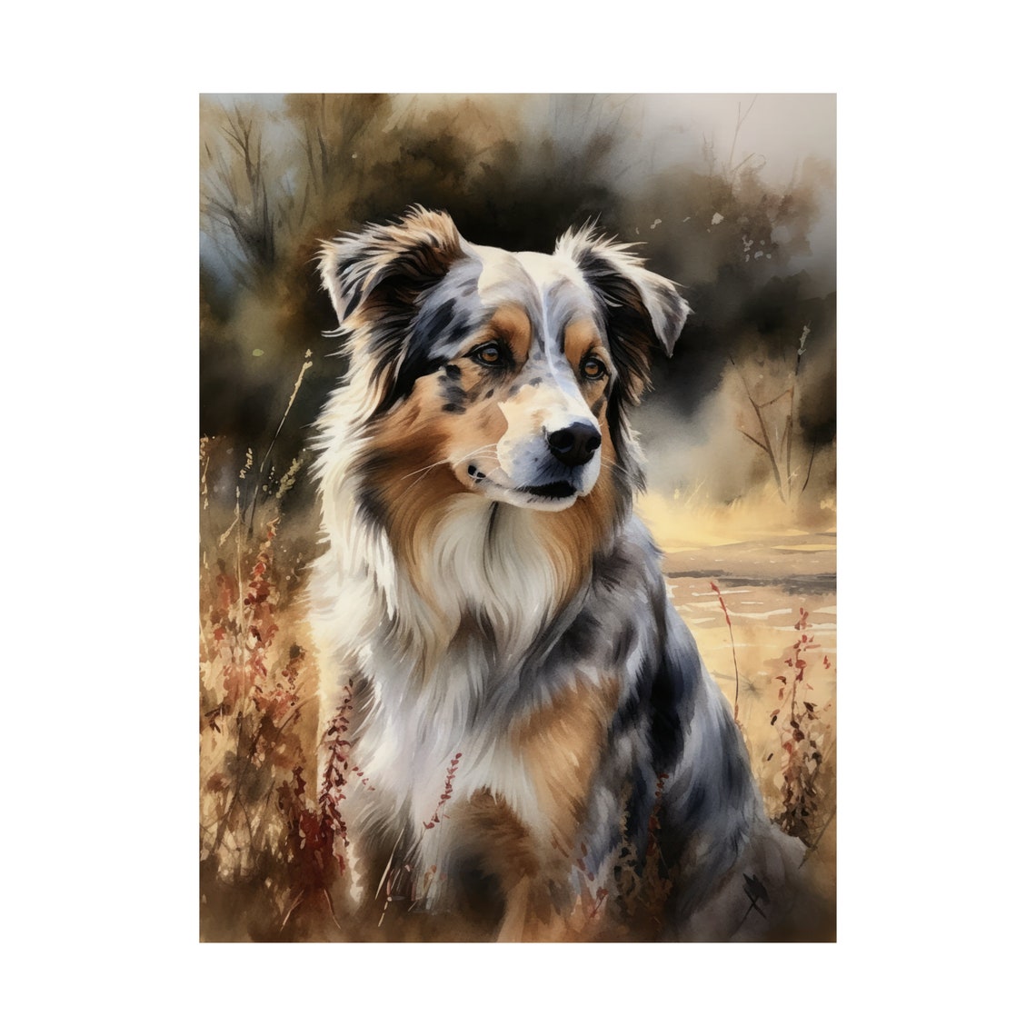 Australian Shepherd Dog In Autumn Field Blue Merle Portrait Art Print - Image 4