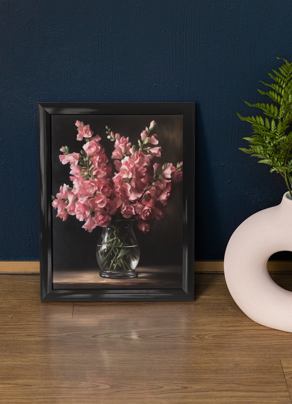 Pink Snapdragon Flowers Glass Vase Dark Background Floral Art Print
