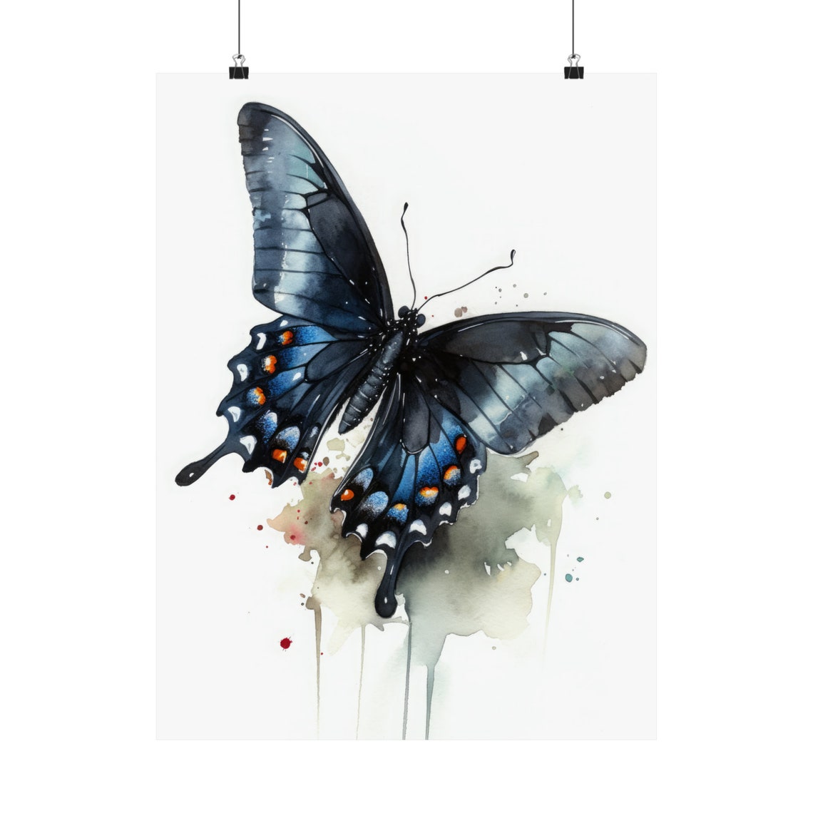 Dark Blue Swallowtail Butterfly Watercolor Spots Drip Painting Poster - Image 5