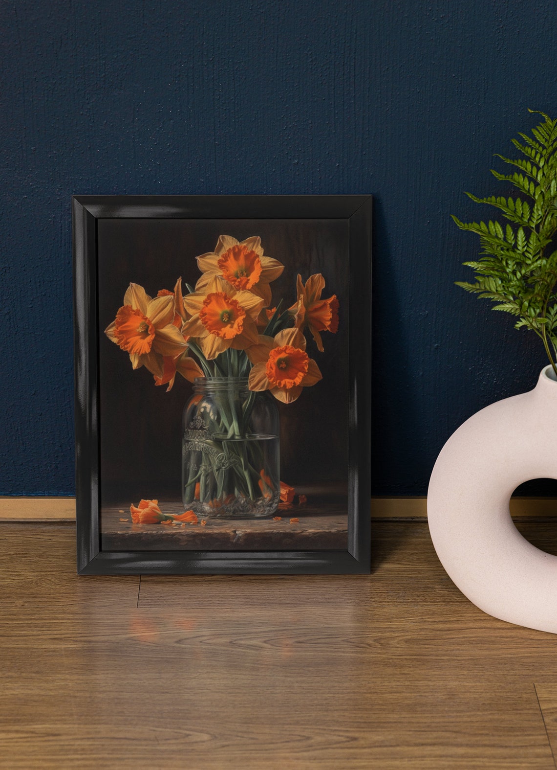 Orange Daffodil Stems Bold Amber Blooms Mason Jar Still Life Poster