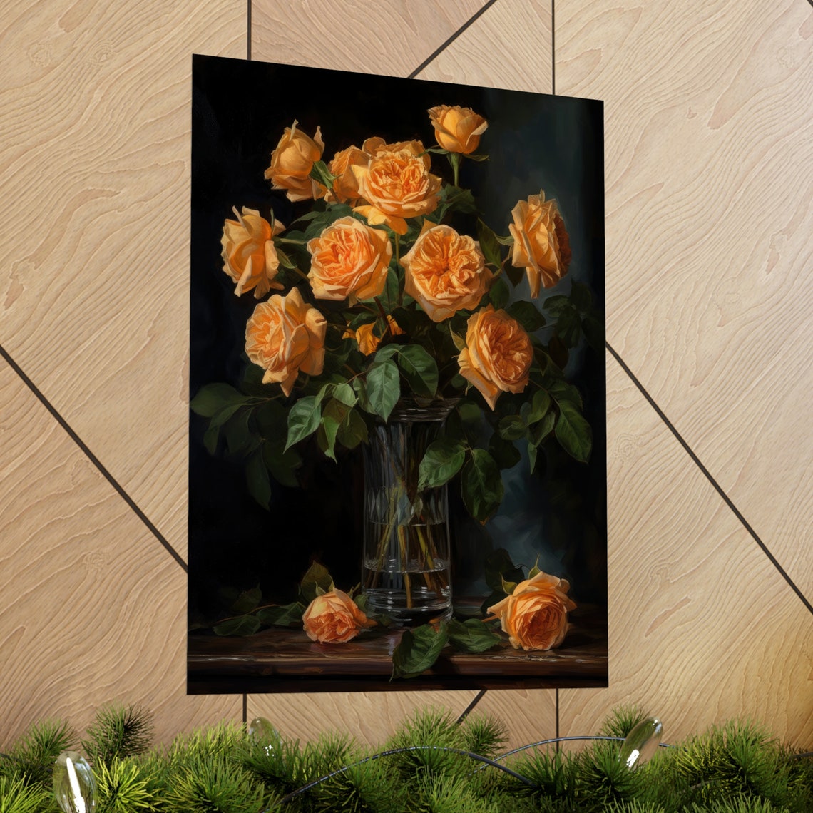 Orange Roses In Glass Vase Dark Background Still Life Art Print - Image 2