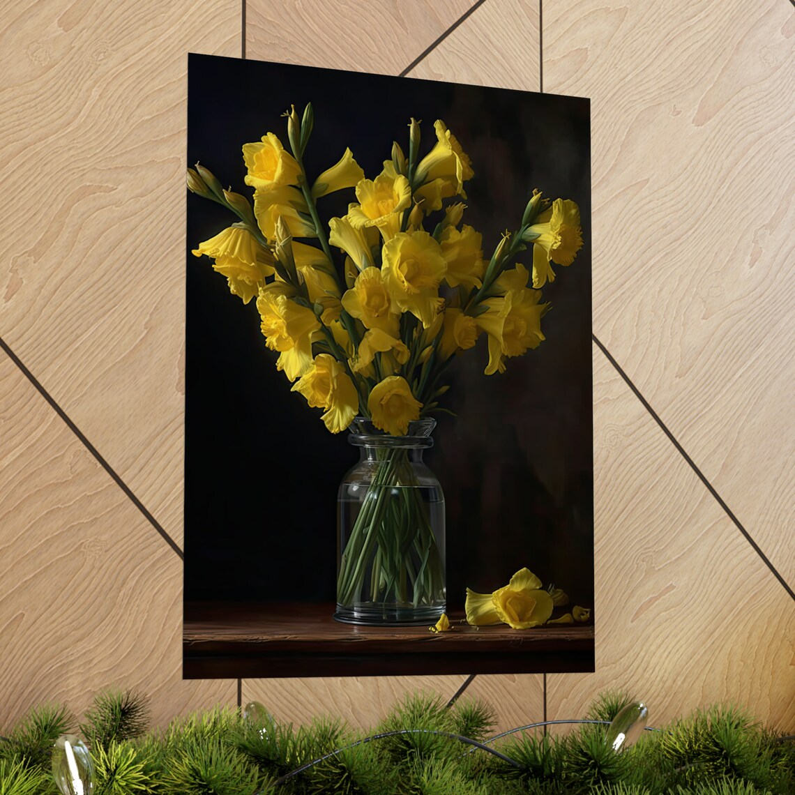 Yellow Gladiolus Stems Glass Jar Dark Moody Still Life Flower Poster - Image 2