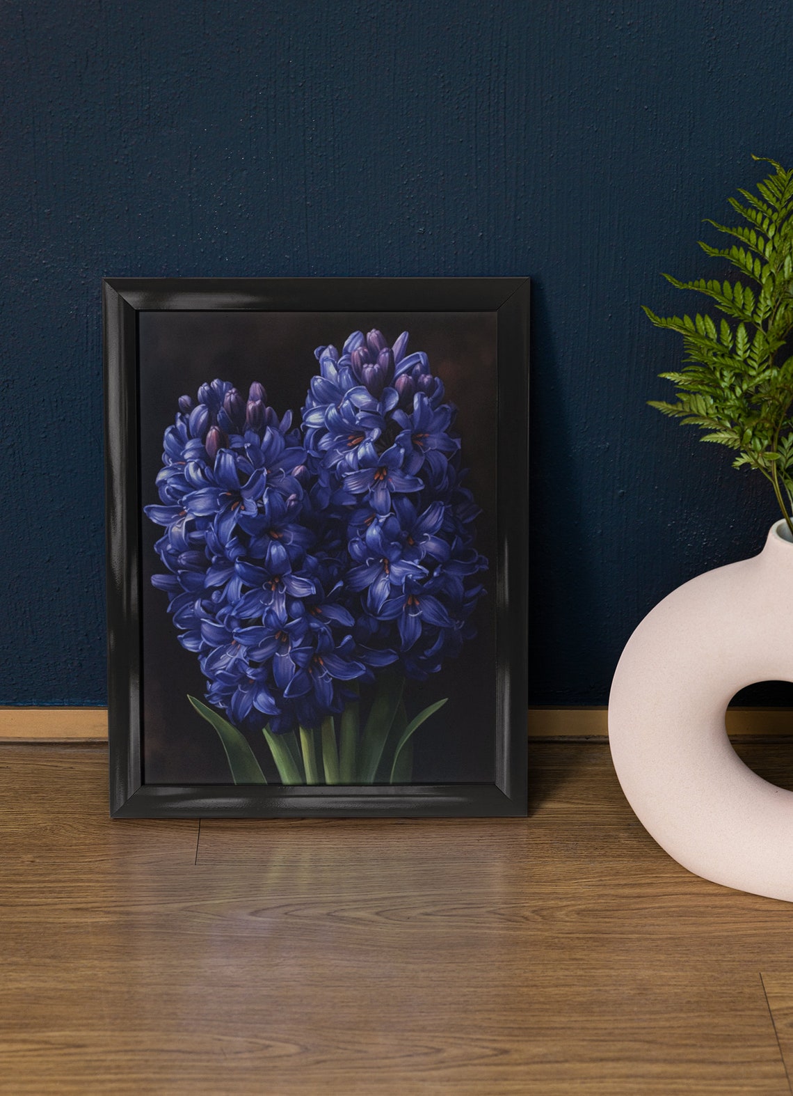 Indigo Blue Hyacinth Flower Heads Dark Moody Botanical Art Poster