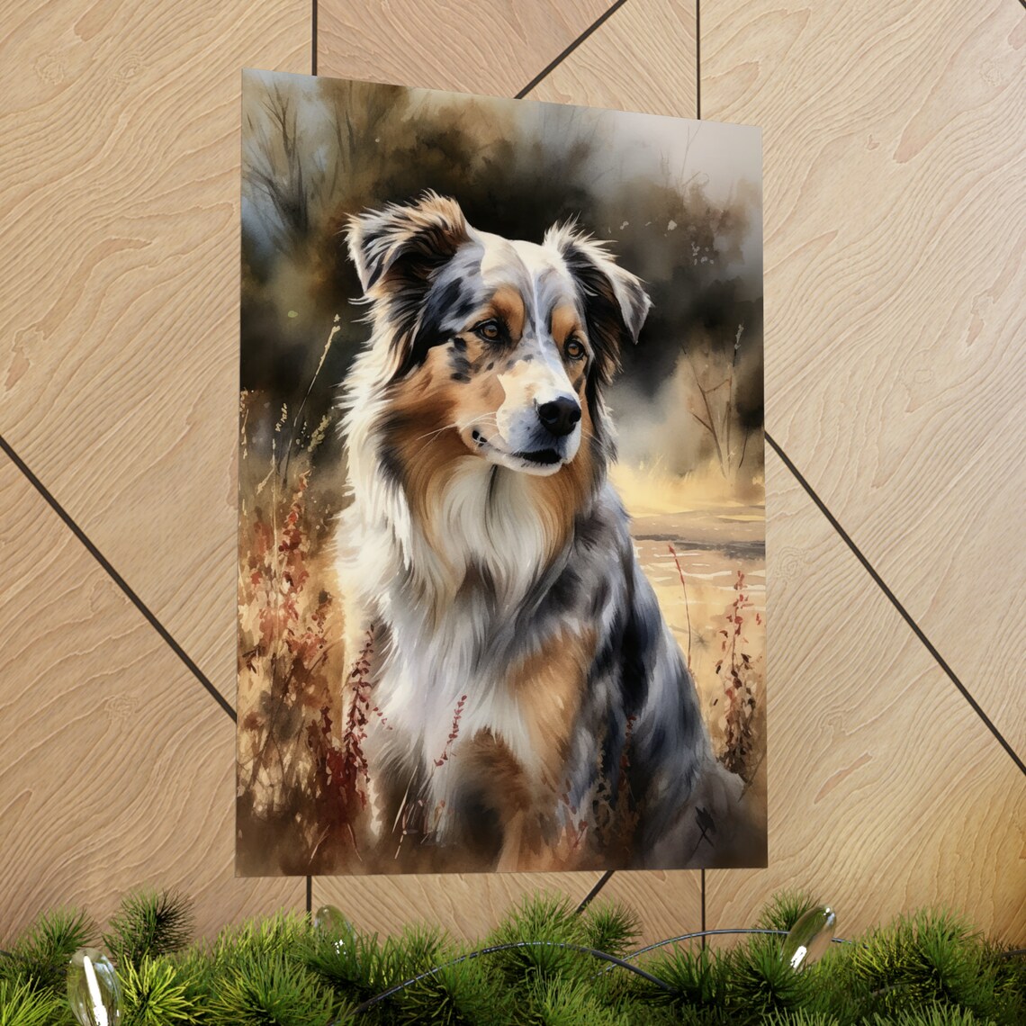 Australian Shepherd Dog In Autumn Field Blue Merle Portrait Art Print - Image 2