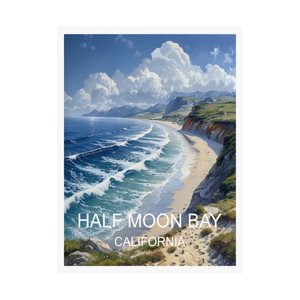 Half Moon Bay California Cliff Beach Rolling Waves Travel Poster - Image 3