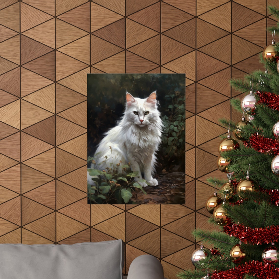 Turkish Angora White Long Haired Cat Green Eyes Garden Art Poster - Image 3