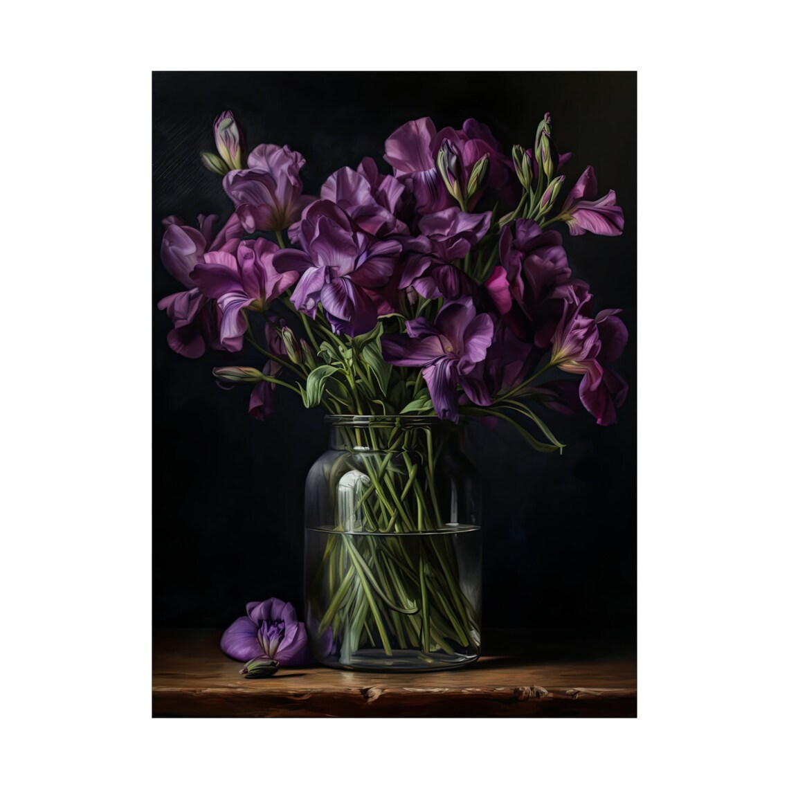Purple Freesia Bouquet Dark Moody Still Life Glass Vase Art Print - Image 4