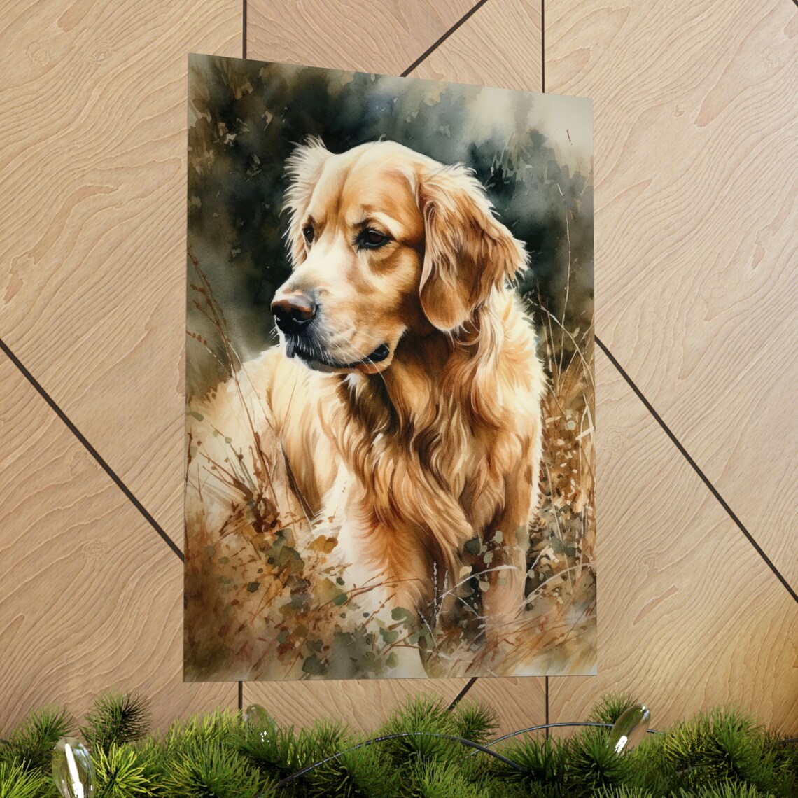 Golden Retriever Autumn Grass Portrait Watercolor Dog Art Poster - Image 2