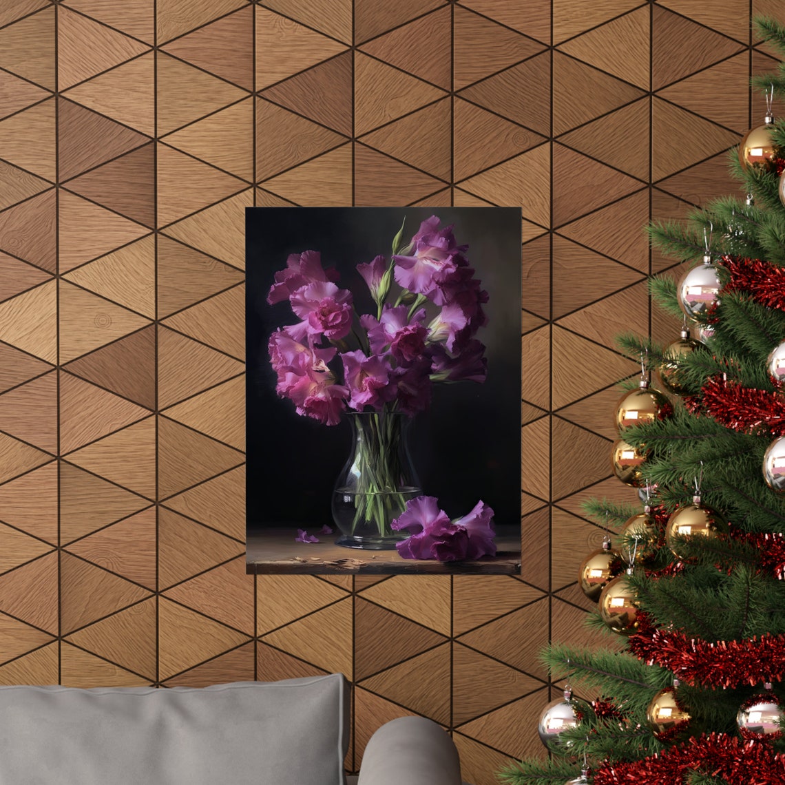 Purple Gladiolus Blooms Glass Vase Dark Moody Still Life Flower Poster - Image 3
