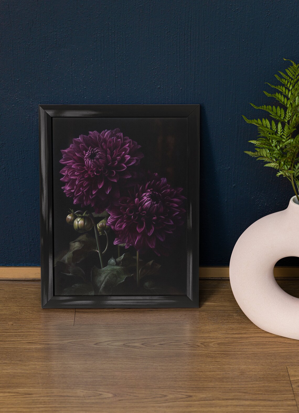 Purple Dahlia Blossoms Rich Velvet Petals Dark Botanical Art Poster