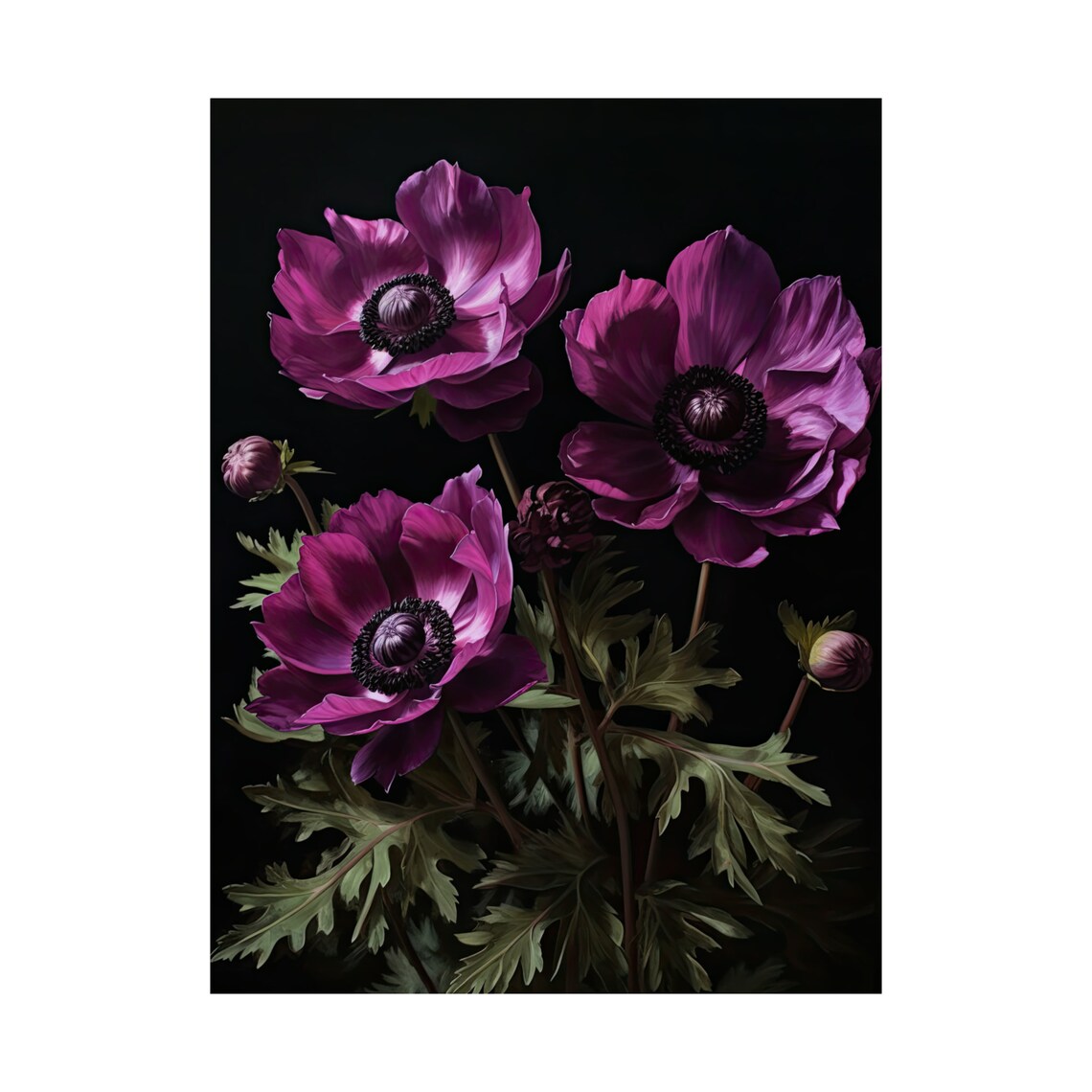 Magenta Anemone Trio Buds Dark Moody Botanical Floral Art Wall Print - Image 4
