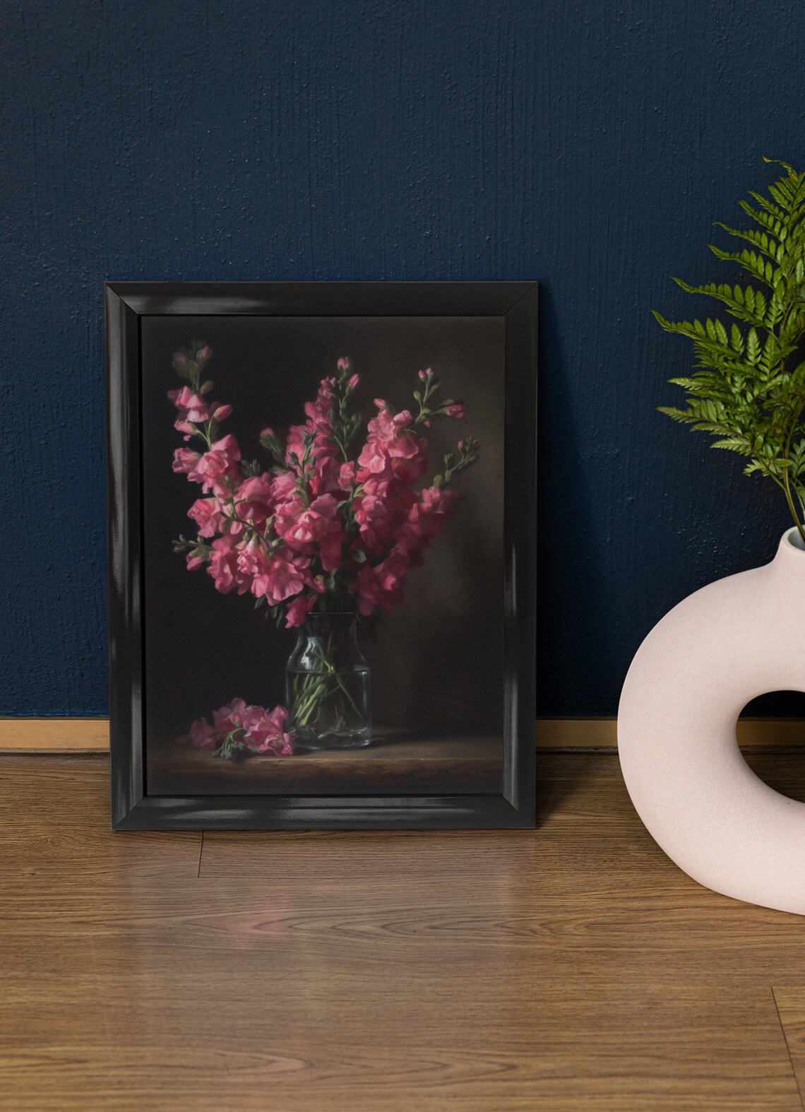 Rose Pink Snapdragon Flowers Glass Vase Dark Moody Floral Art Print