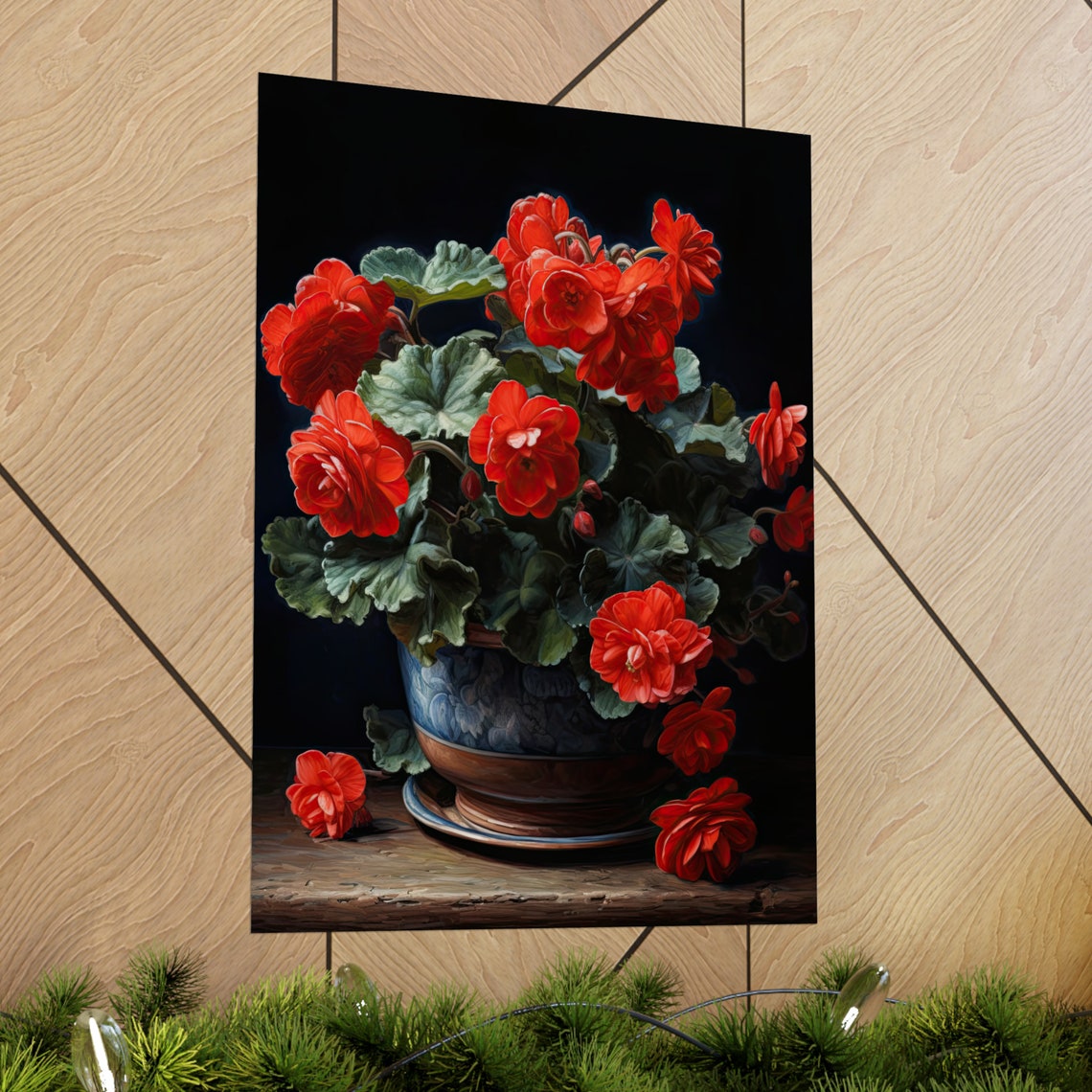 Red Begonias Blue Ceramic Planter Fallen Blooms Vintage Floral Poster - Image 2