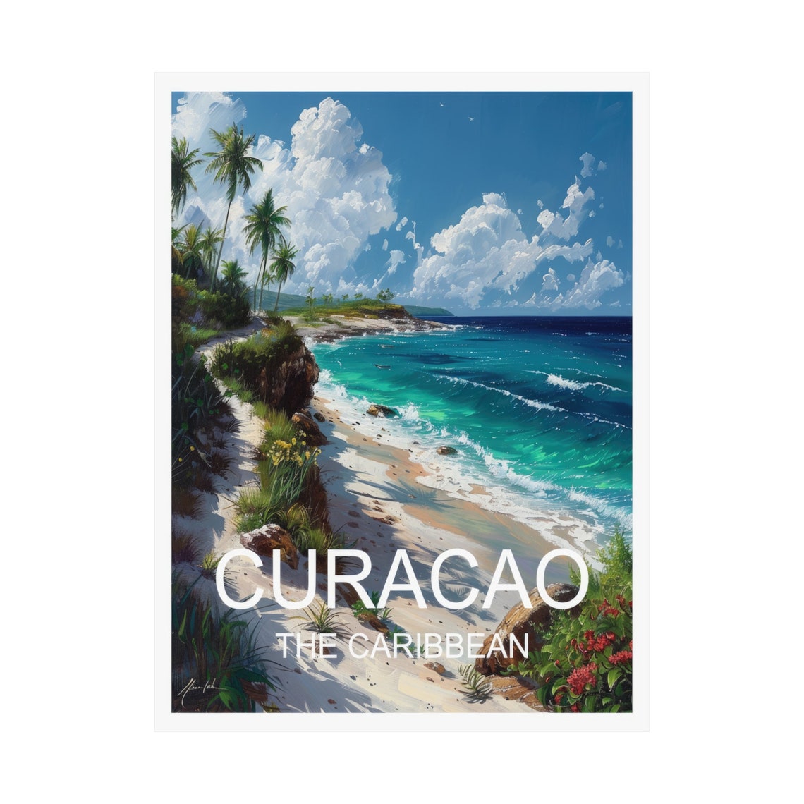 Curacao Caribbean Beach Cove Palm Trees Turquoise Water Travel Poster - Image 3
