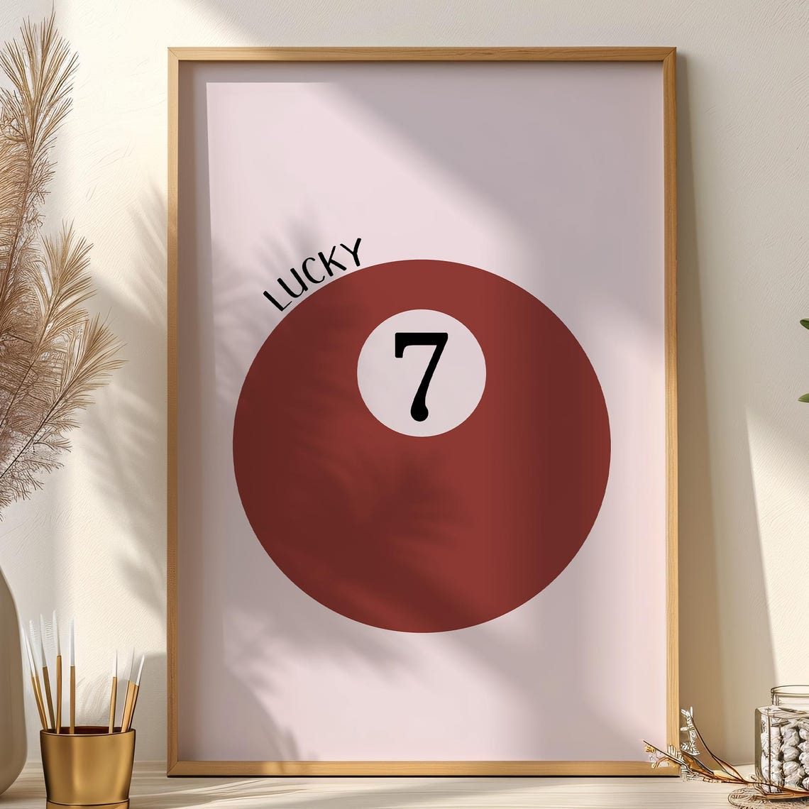 Lucky Seven Ball Retro Red Pool Billiards Game Room Decor Poster
