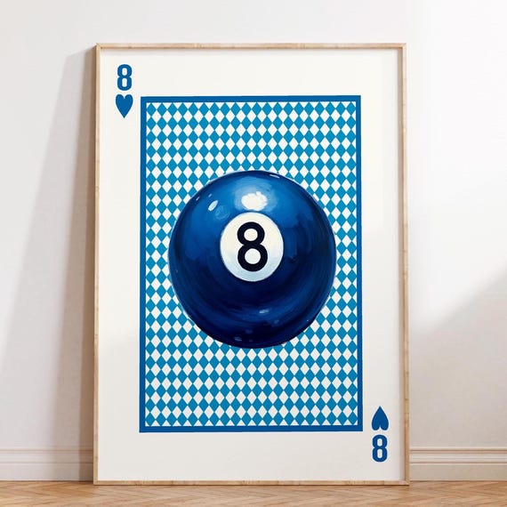 Blue Vintage 8 Pool Ball Print Retro Wall Art 70s Style Poster Trendy Bar Cart Apartment