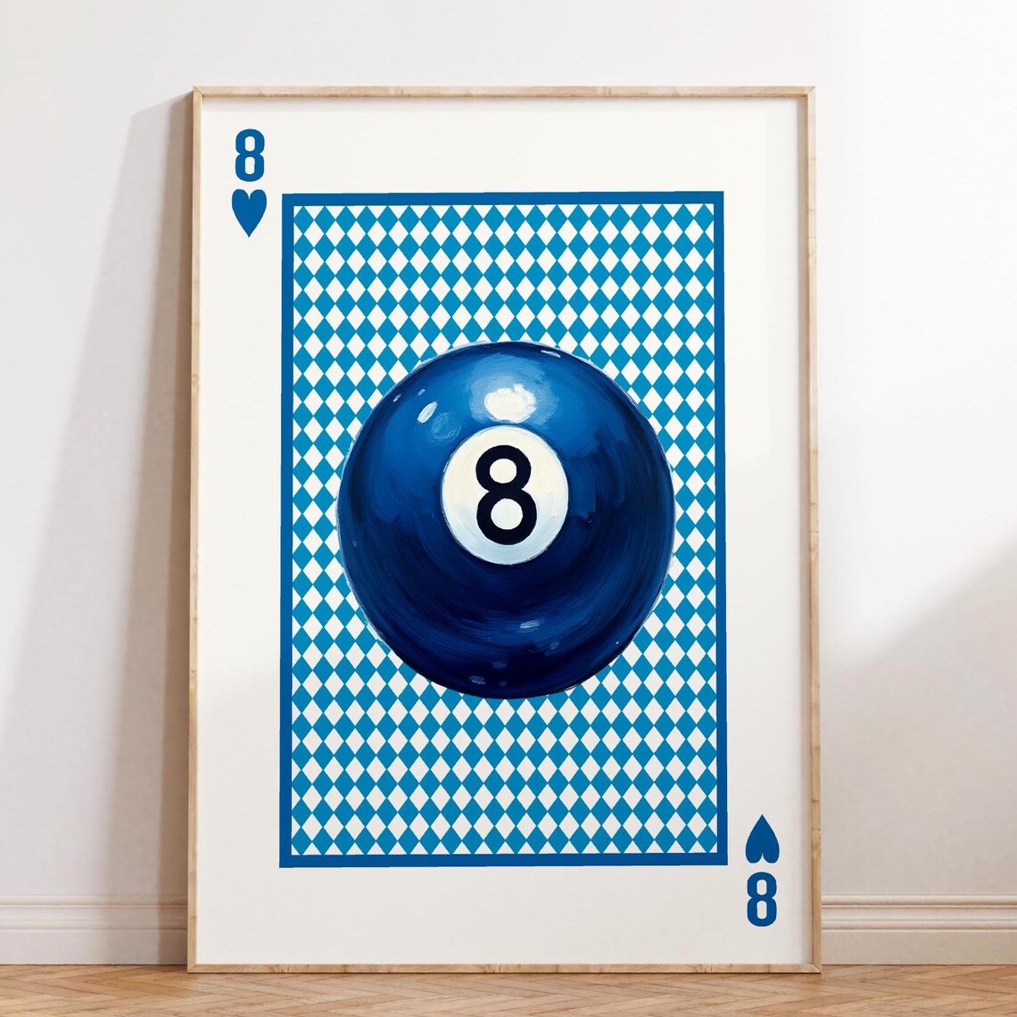 Vintage Blue 8 Ball Playing Card Lucky 8 Harlequin Pattern Poster